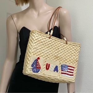 QVC Woven Wicker Basket Straw Purse Handbag USA 4th of July Patriotic Theme